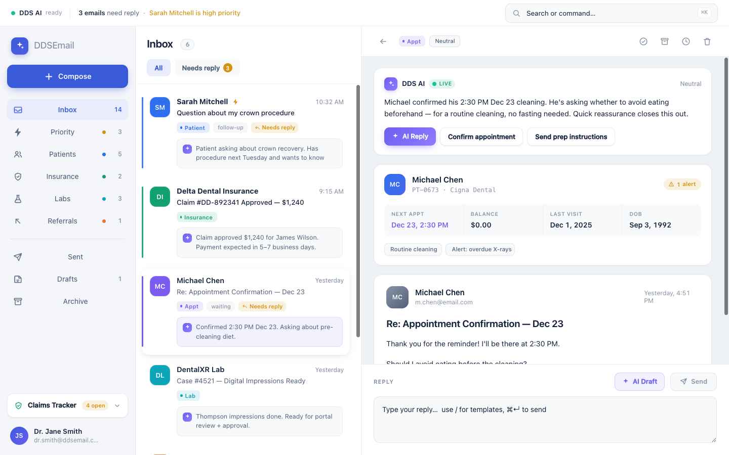 DDSEMail inbox — AI-triaged, HIPAA-compliant email for dental practices
